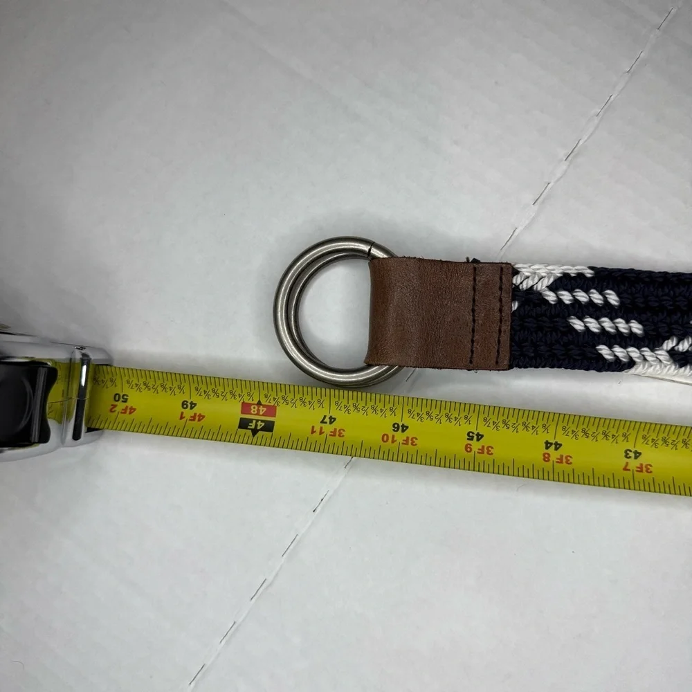 Navy and White Braided Belt with Brown Accents
